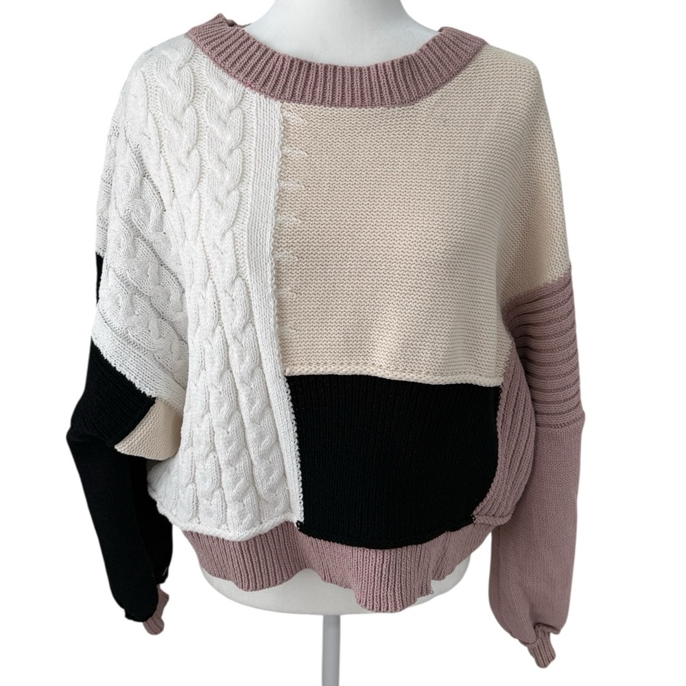 Pol Patchwork Colorblock Knit Sweater Cable Knit … - image 2
